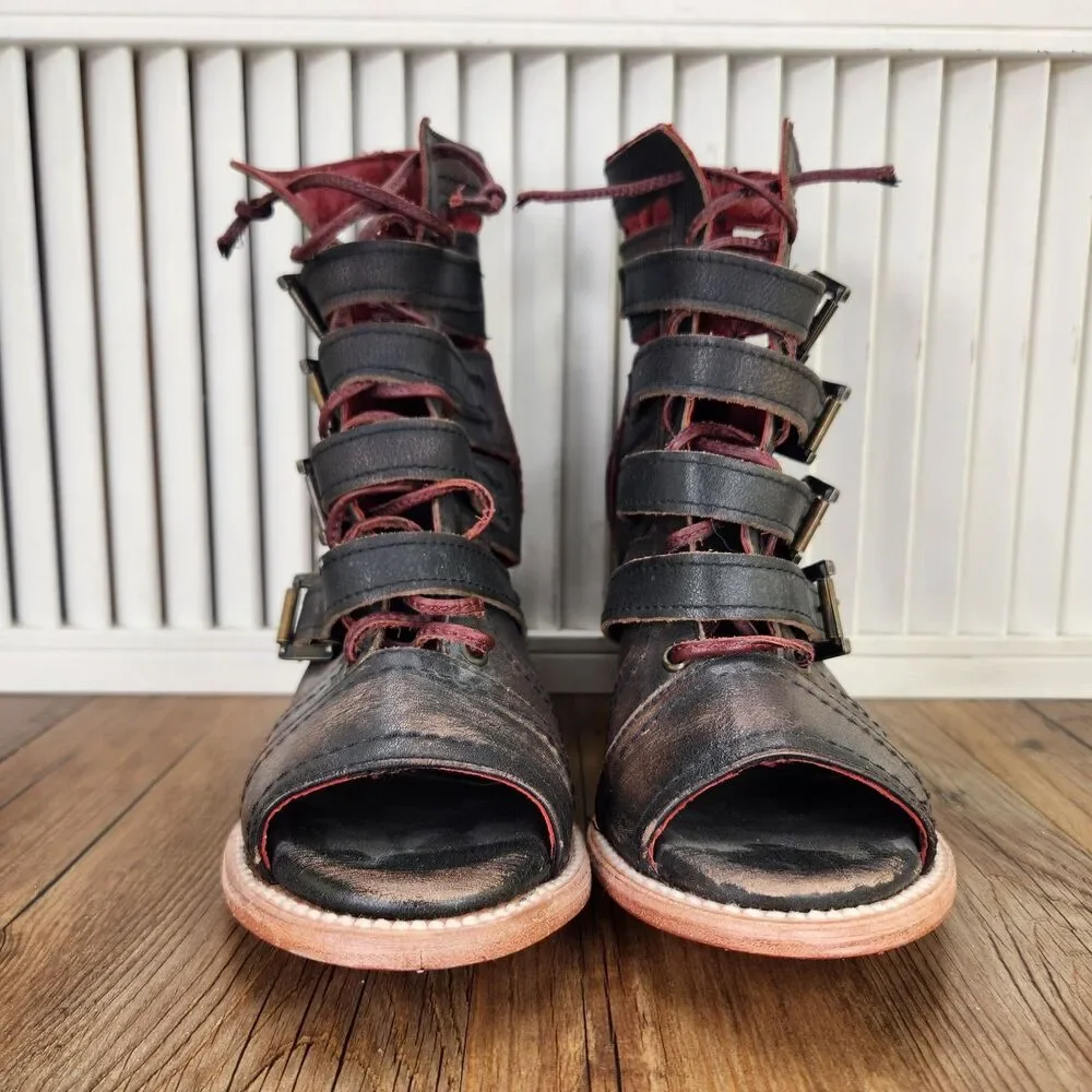 Freebird Braeden Heeled Sandal Booties Womens Sz 9 Black Red Buckle Strap Shoes